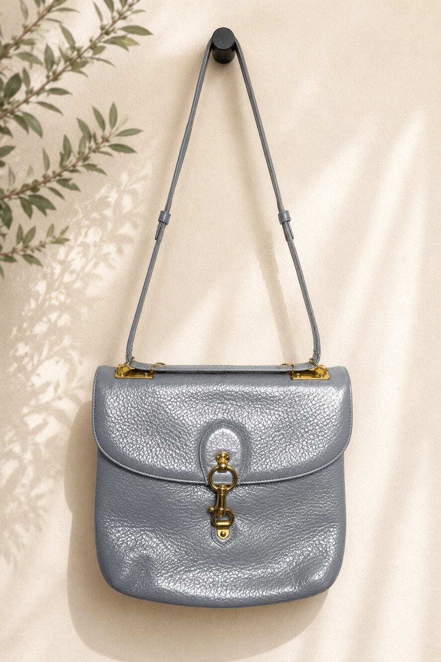 SUSAN GAIL Vintage Gray Pebbled Leather Shoulder Bag Gold Hardware Tapestry